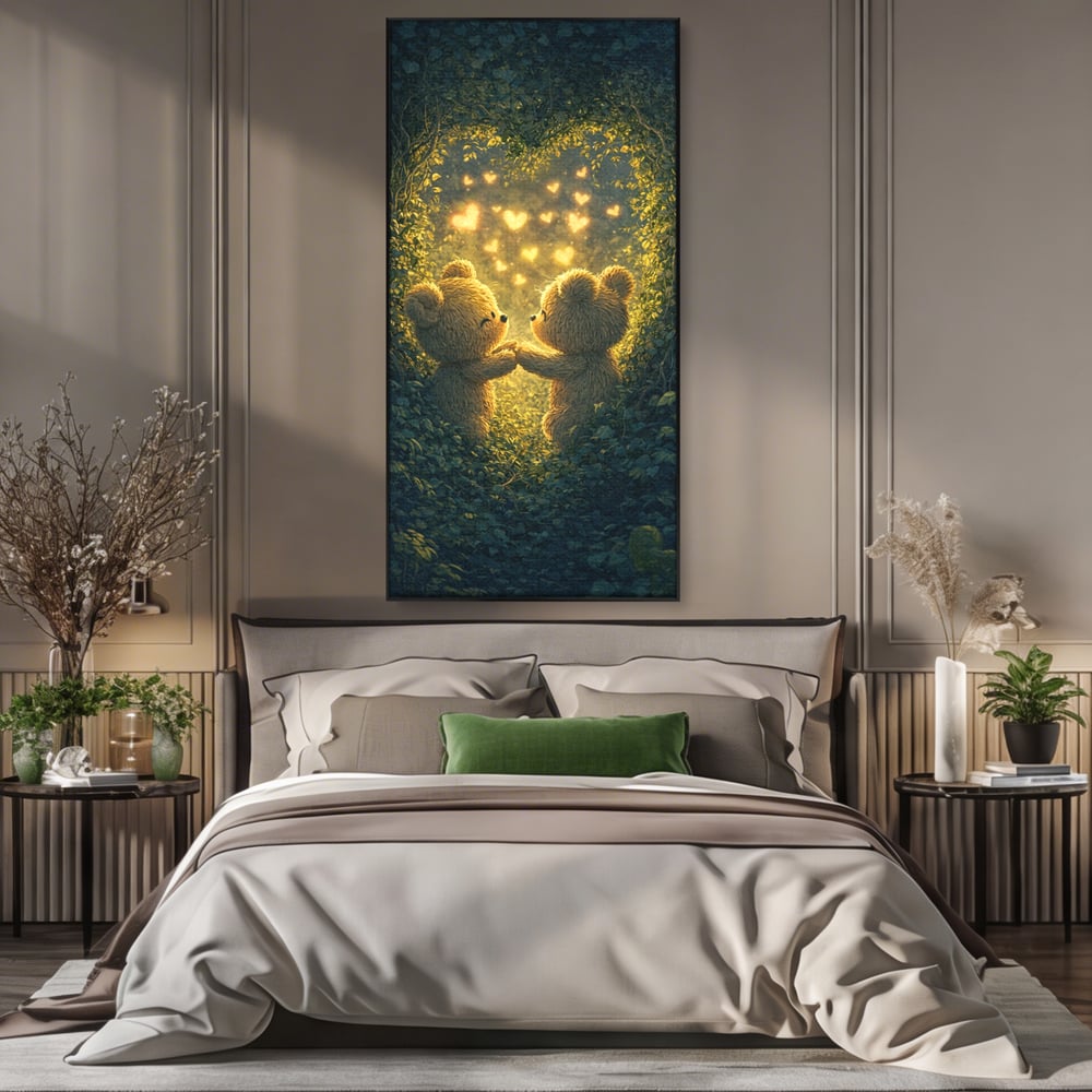 Tablou canvas cu doi ursuleti pufosi in padure, in rama de aluminiu negru, pe perete intr-un dormitor